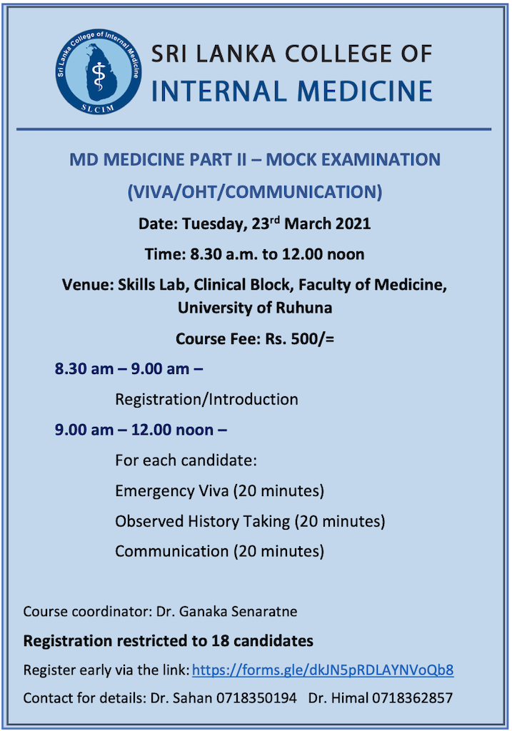 MD Medicine part 2 : Clinical Mock Exam at Teaching Hospital Karapitiya, on 23rd March 2021