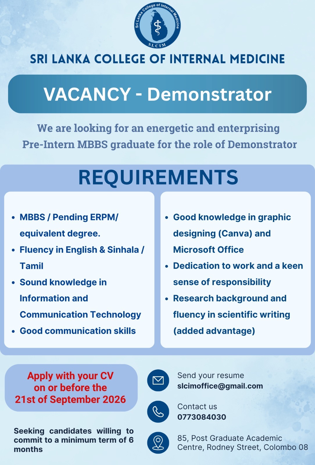 Vacancy Announcement – Demonstrator
