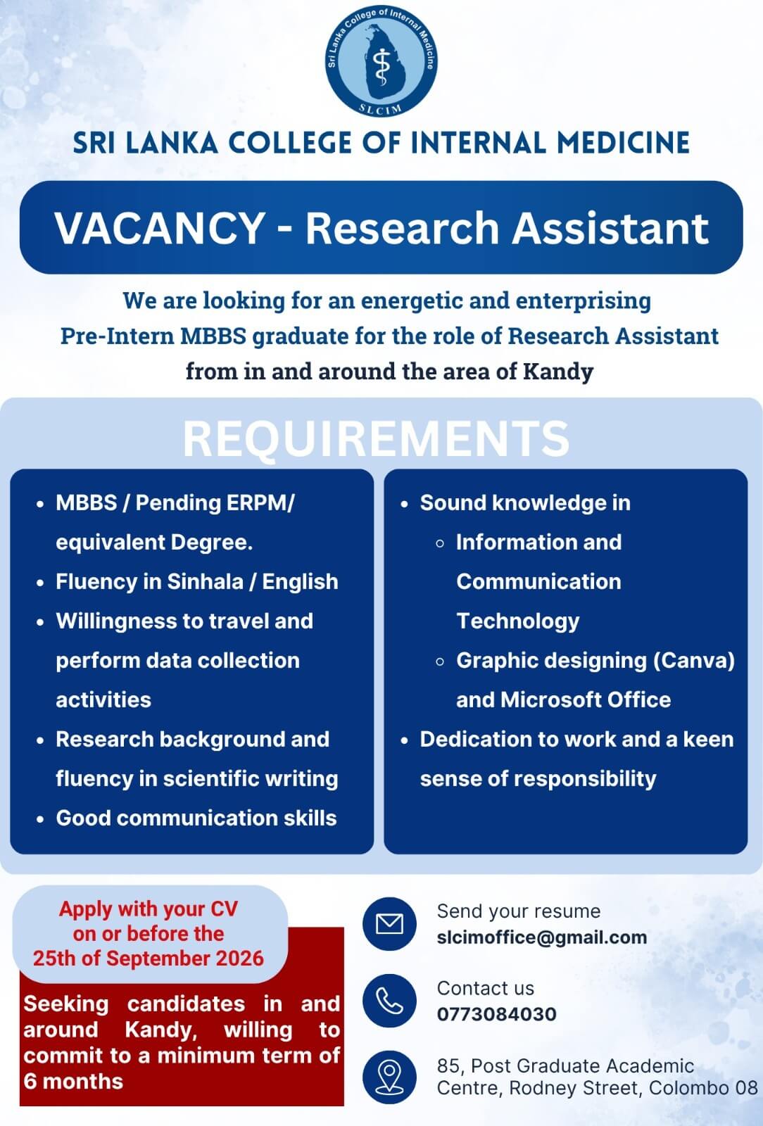 VACANCY – Rsearch Assistant VACANCY – Rsearch Assistant